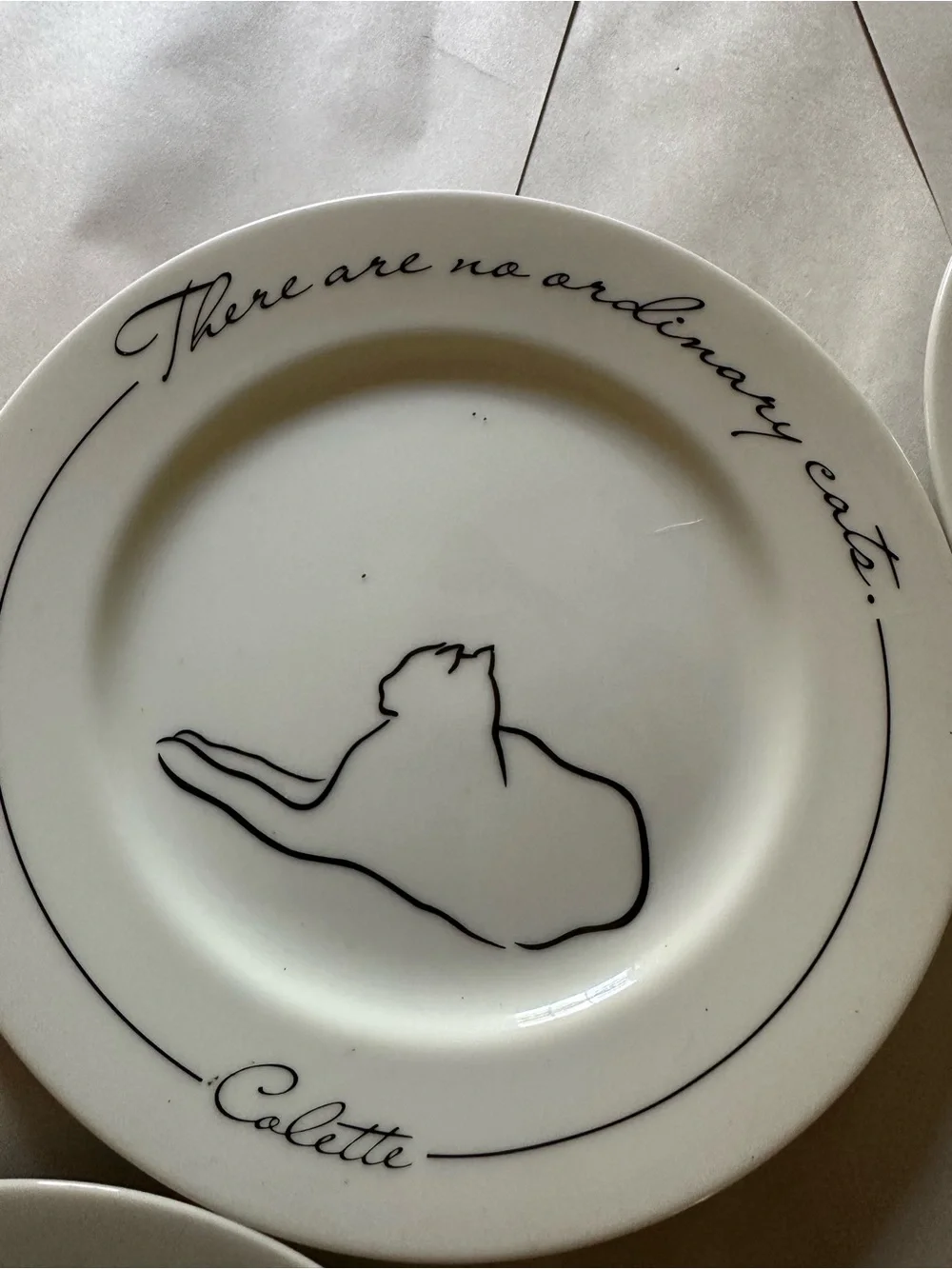 White Ceramic Dessert Plates with Navy Cat Line Drawings - Set of 5